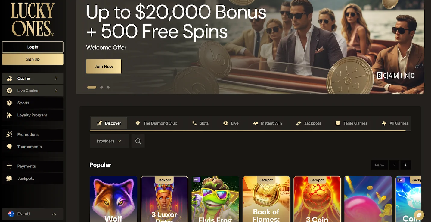 LuckyOnes casino homepage showing welcome bonus offer, selection of popular online pokies and site main navigation